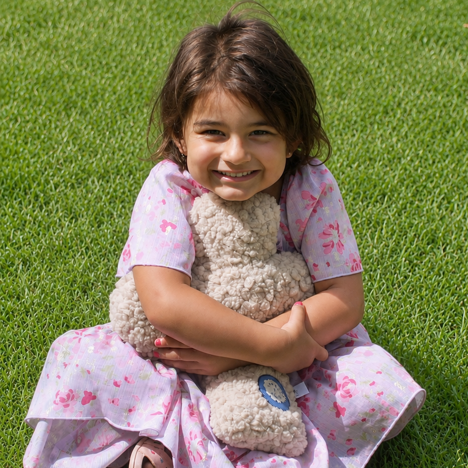 Girl with sandals holding cuddle cross in grass image